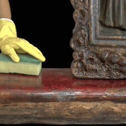 cleaning an antique wooden piece with a sponge
